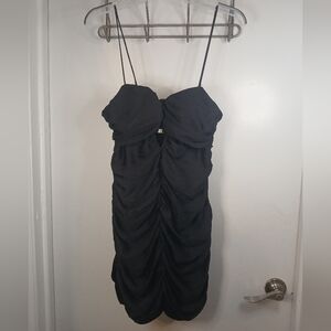 New! Zara Black Ruched Jeweled Keyhole Spaghetti Strap Mini Dress L